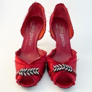 Pedro Garcia Swarovski Crystal Raw Silk Peep Toe D’Orsay